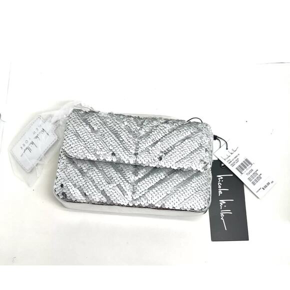 Nicole Miller Silver Sequin Chain Strap Crossbody Small Bag Purse Card Slots NWT - Picture 1 of 3